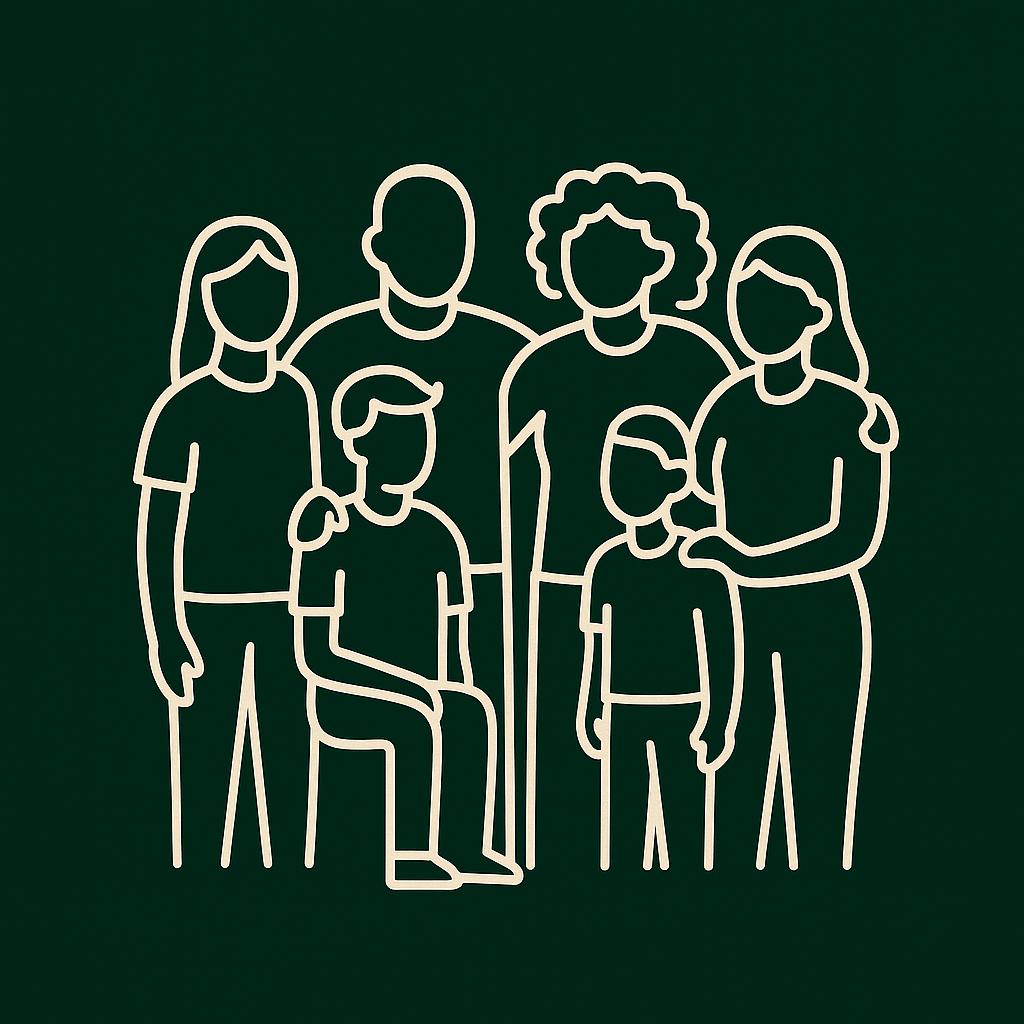 Minimalist icon of a diverse group of people representing family members standing together, symbolizing family therapy, unity, and support