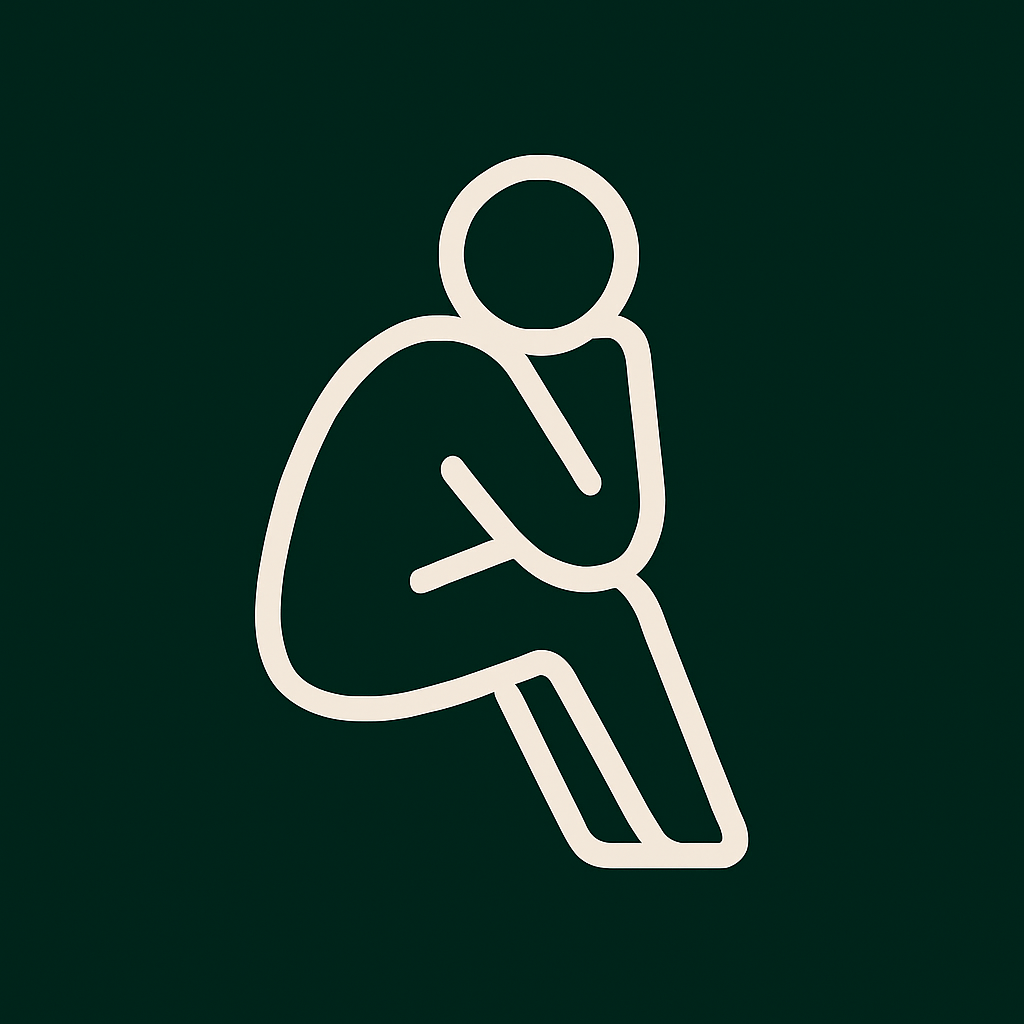 Minimalist icon of a person sitting with head resting on hand, representing individual therapy, self-reflection, and emotional support