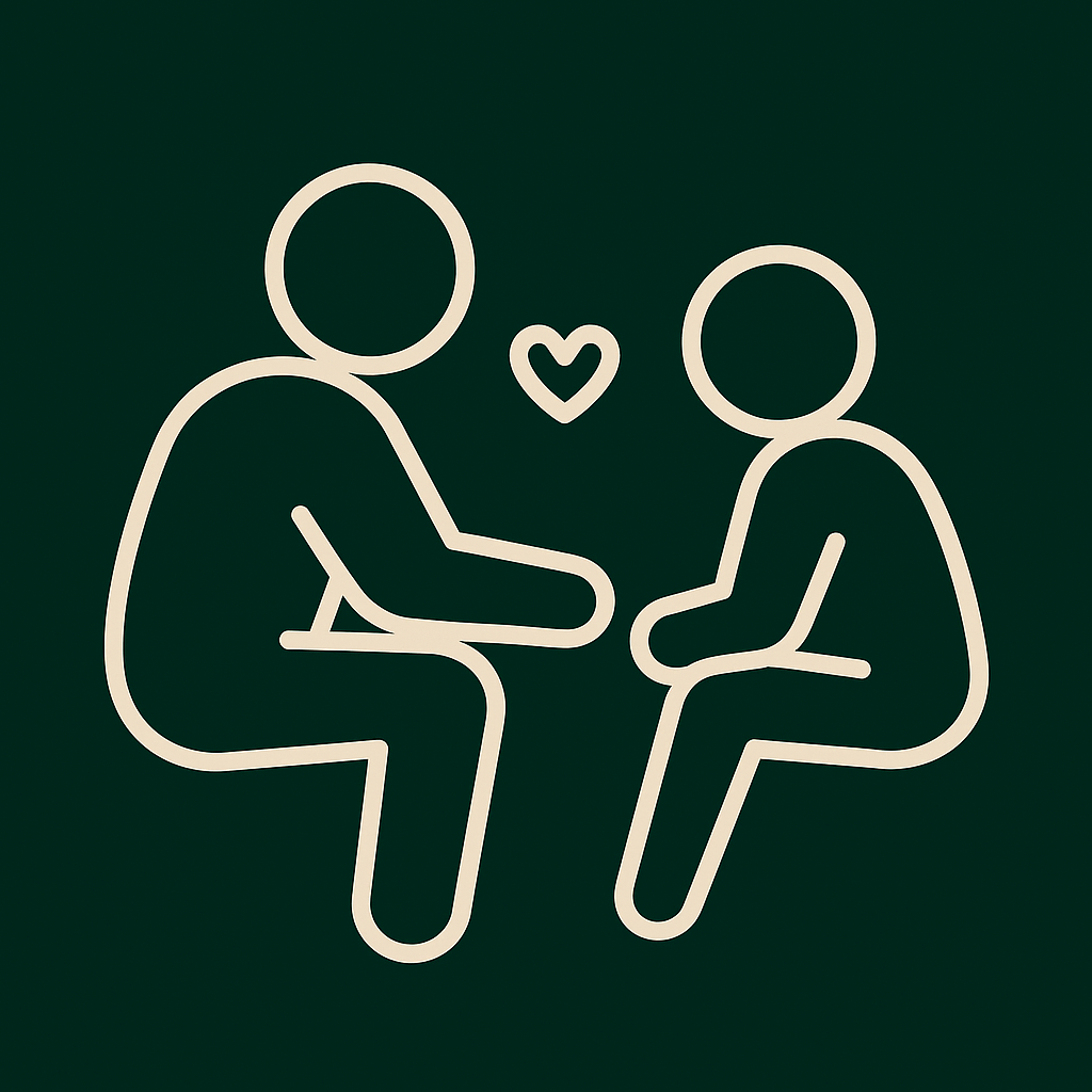 Minimalist icon of a parent and child embracing with a heart in the background, symbolizing parenting support and emotional healing