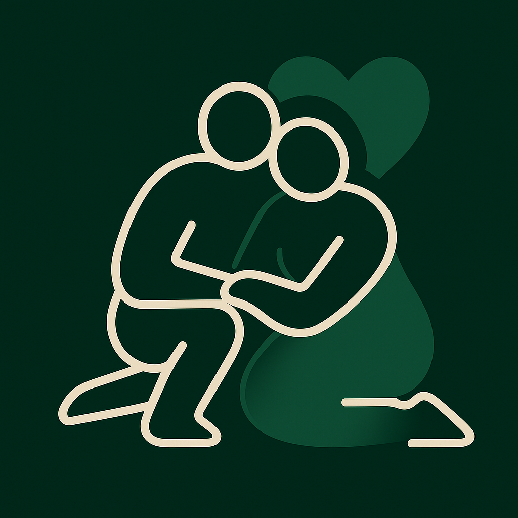 Minimalist icon of two people sitting with a heart between them, symbolizing couples therapy, connection, and emotional healing in relationships