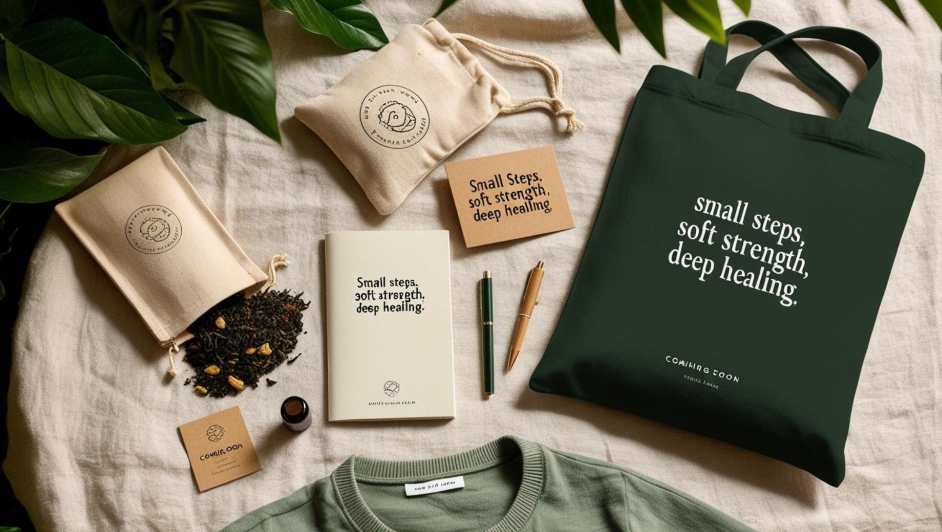 Flat lay of self-care tools including a journal, herbal tea, tote bag, and pen labeled with ‘Healing with Mariah’ and ‘Small Steps, Soft Strength, Deep Healing’, representing emotional wellness and therapy support items.