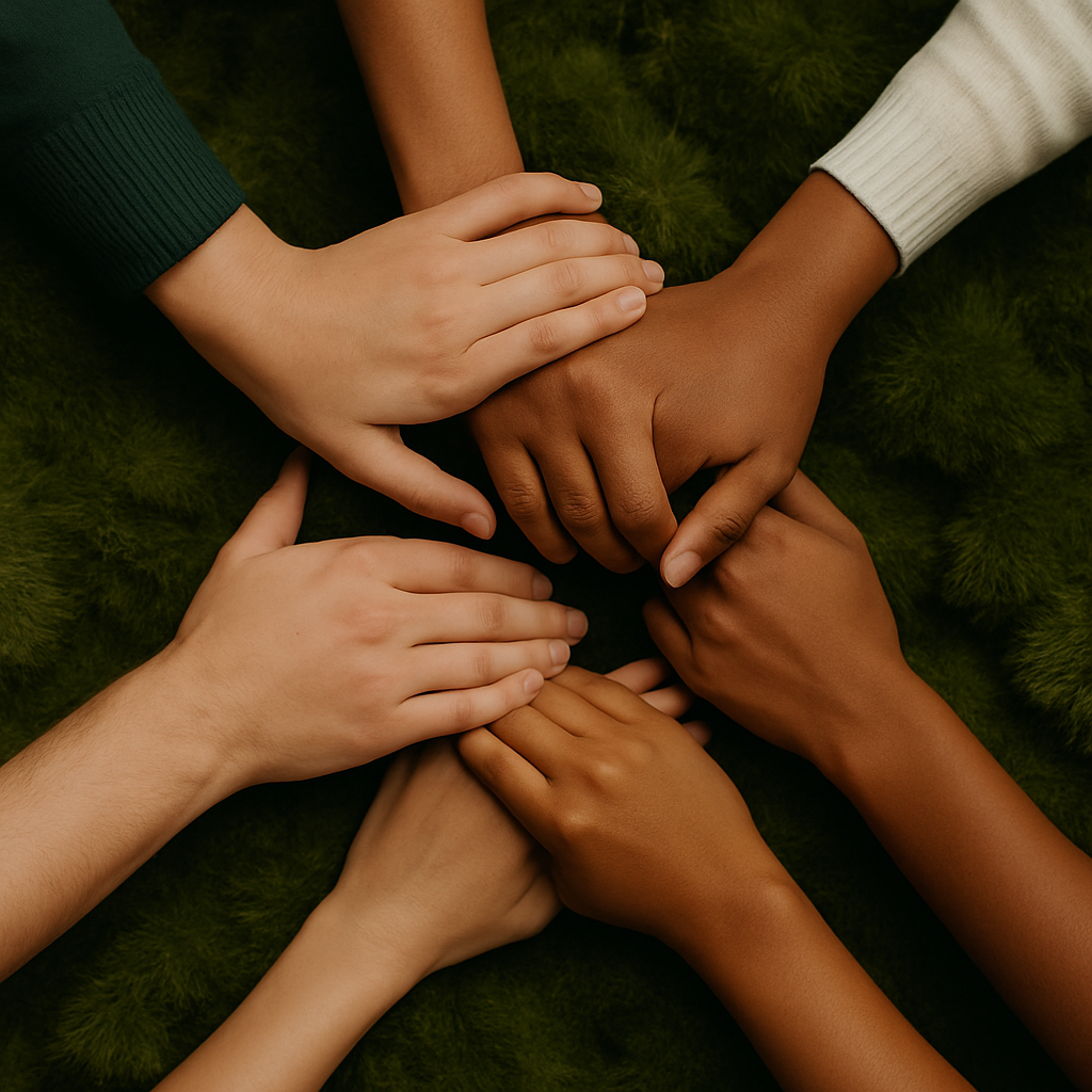 Six hands of different skin tones gently overlapping in a circle, symbolizing unity, community, and collaborative healing