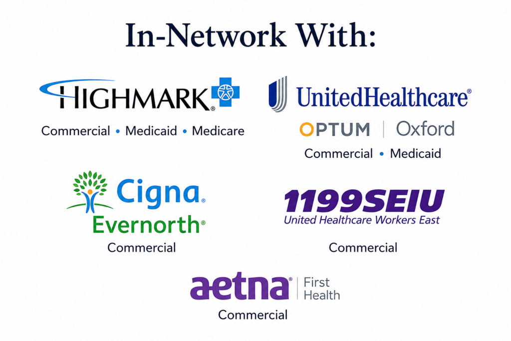 Insurance plans accepted by Mariah Okenwa LMFT including Highmark, UnitedHealthcare, Optum, Oxford, Cigna Evernorth, 1199SEIU, and Aetna First Health.